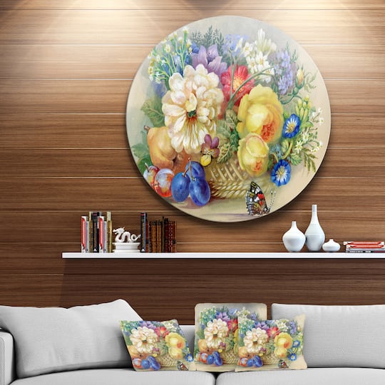 Designart - Bunch of Flowers and Fruits' Ultra Glossy Floral Metal Circle Wall Art